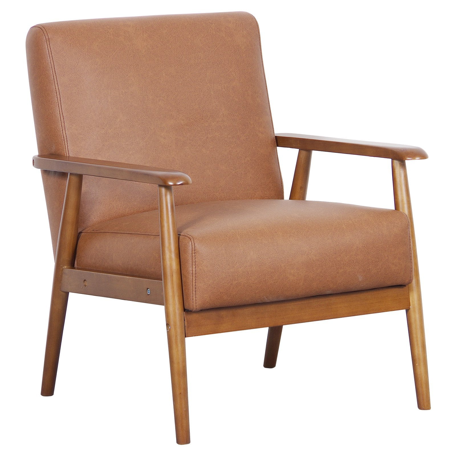 Accent Chair - Brown Faux Leather with Solid Wood Frame