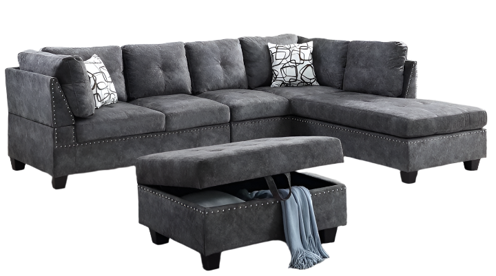 "SNOW" Sectional Sofa, Optional Ottoman, Grey Fabric, 108" Wide, Reversible Chaise