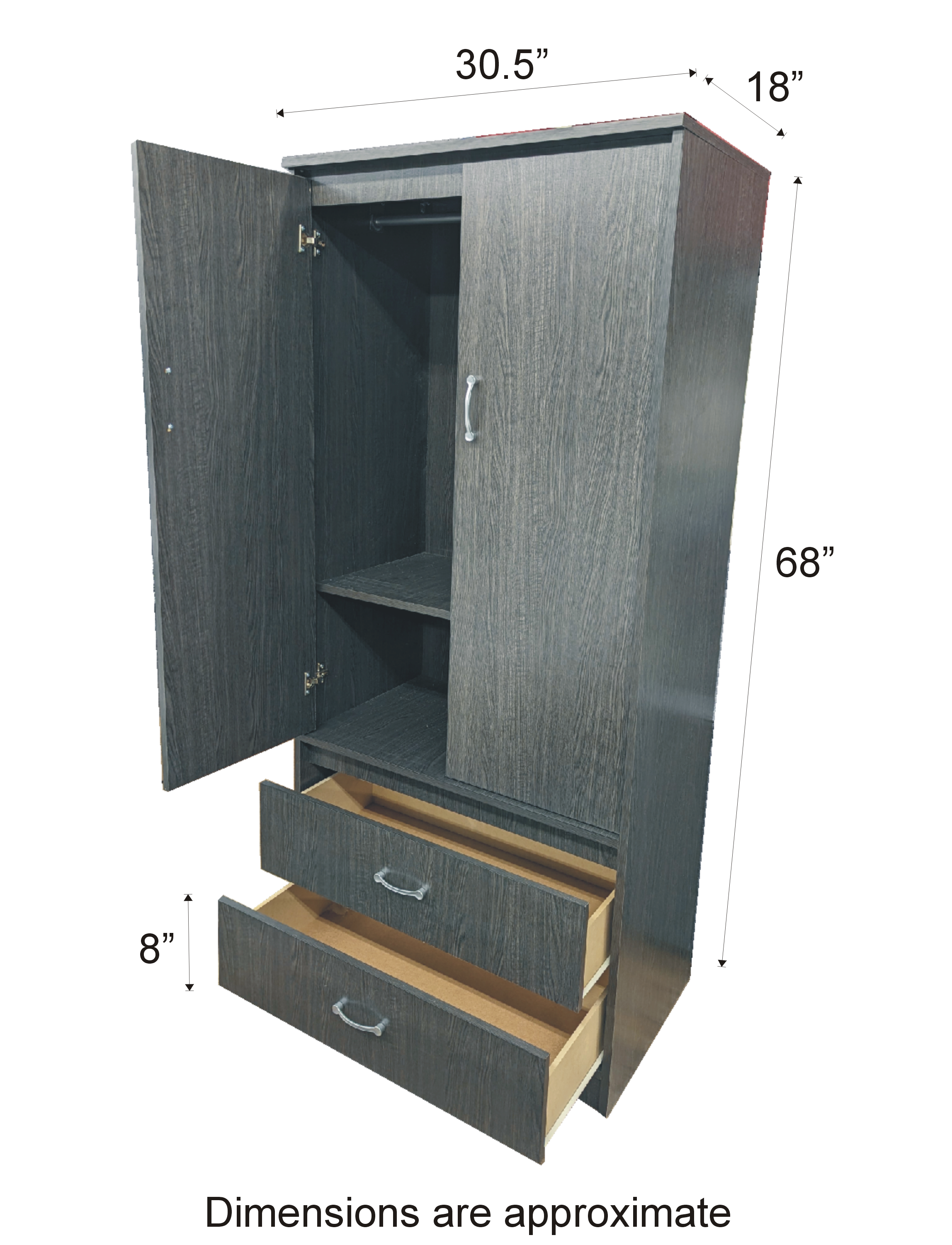 STR 101 Wardrobe / Armoire, Various Colours, 2 Doors, 2 Pull Out Drawers, Hanging Rail