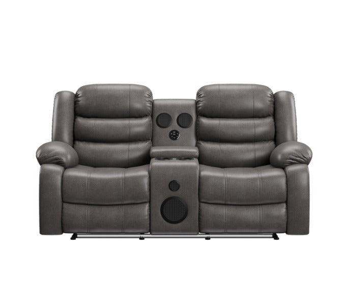 MZ-Recliner, Loveseat, Grey, Faux Leather, Drink Holders, Powerful Bluetooth Speakers, LED Lighting, USB Charging