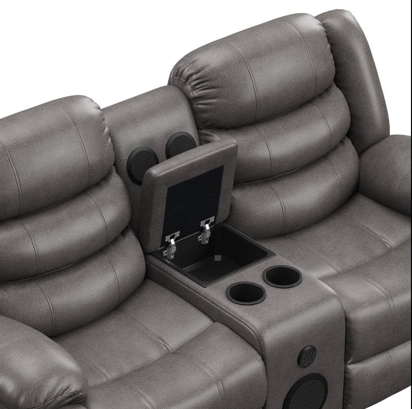 MZ-Recliner, Loveseat, Grey, Faux Leather, Drink Holders, Powerful Bluetooth Speakers, LED Lighting, USB Charging