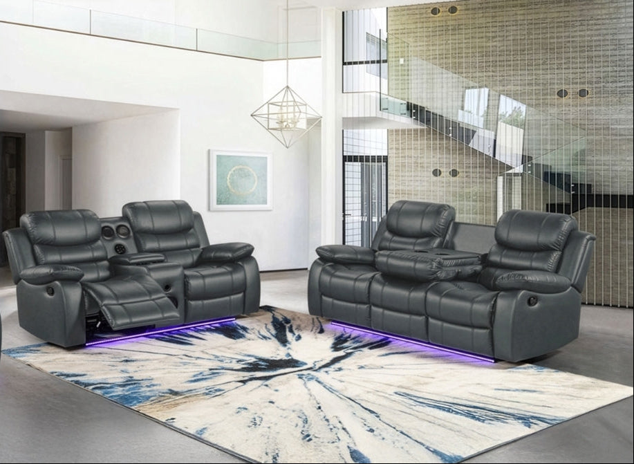 MZ-99109GRY Recliner, Sofa, Grey, Faux Leather, Drink Holders, LED Lighting