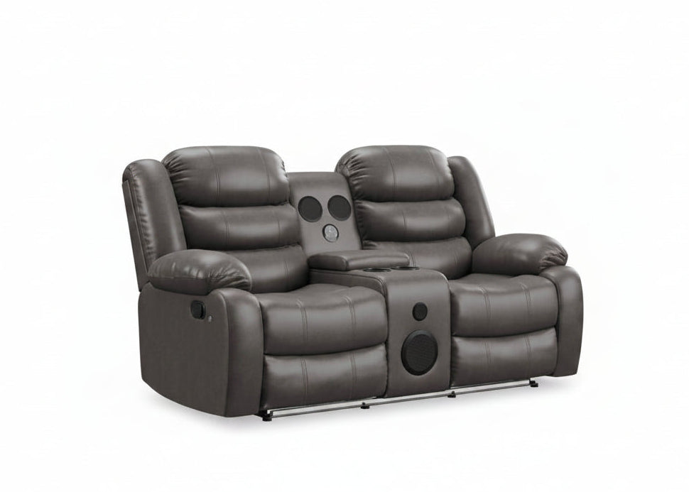 MZ-Recliner, Loveseat, Grey, Faux Leather, Drink Holders, Powerful Bluetooth Speakers, LED Lighting, USB Charging