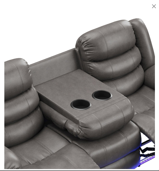 MZ-99109GRY Recliner, Sofa, Grey, Faux Leather, Drink Holders, LED Lighting