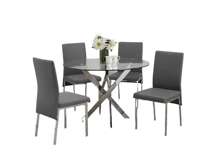 T-1447 | C-5065 - 5Pc Dining Set - 44" Round Glass Table Top with 4 Grey Chairs