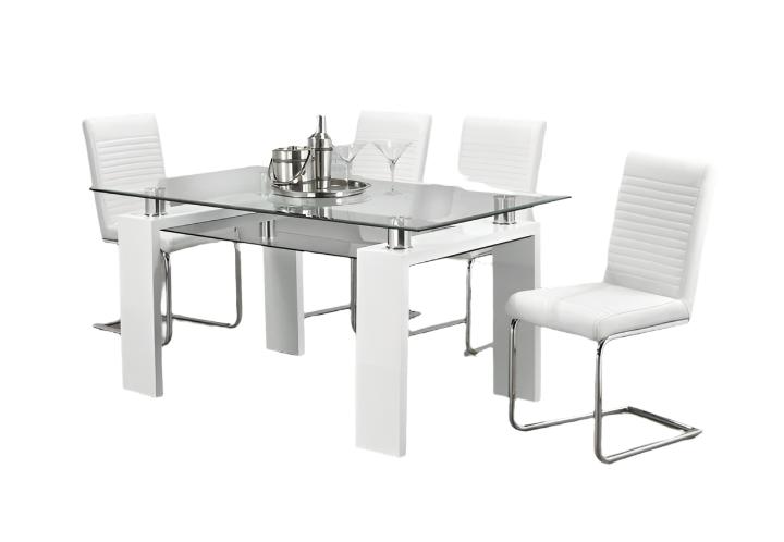 T-1480 | C-1040W - 5Pc or 7Pc Dining Set, 63" Glass Glossy White Table with White Chairs