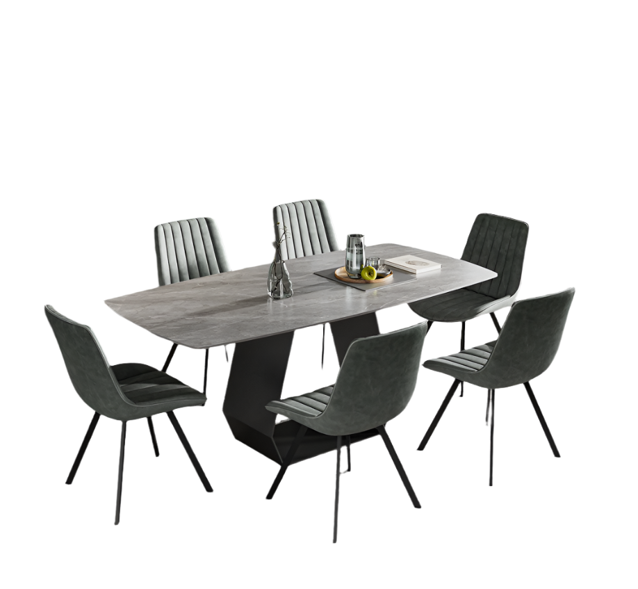 T-1560 | C-1561 Dining Set, 7Pc, 71" Long Table, Armani Grey Sintered Stone Top, Grey Carbon Steel Base, Grey Chairs