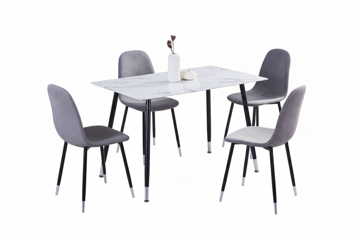 T-1580 Dining Table, 51" White Marble Glass Top, Black Legs, Silver Tips