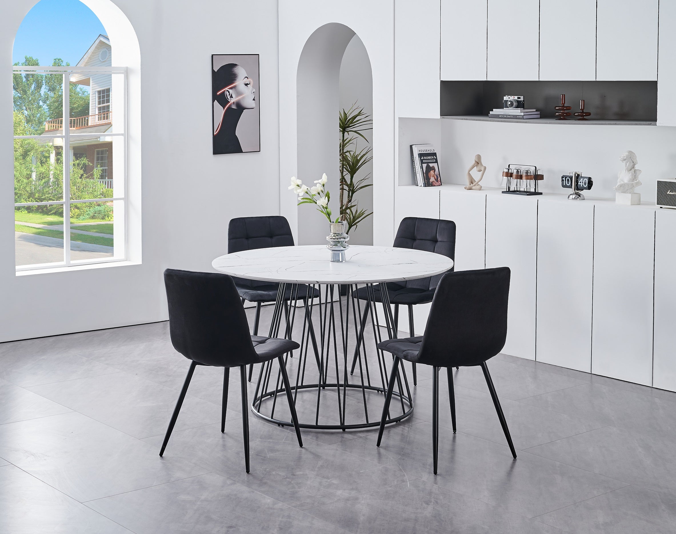 T-1590 | C-1591 Dining Set, 5Pc, 48" Round Table, White Faux Marble Top, Black Velvet Chairs