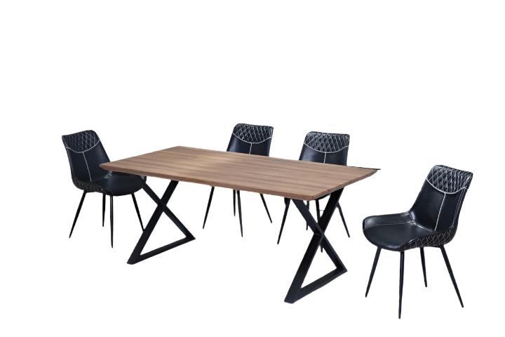 T-1812 | C-1826 - 5Pc or 7Pc Dining Set, 71" Wood Table with Black X Legs, Black Chairs