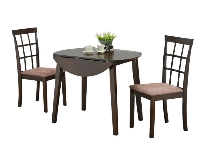 T-Toronto | C-1010, 3Pc Set, Espresso, 36" Round Table, 2 Drop Leafs, Fabric Cushion Chairs