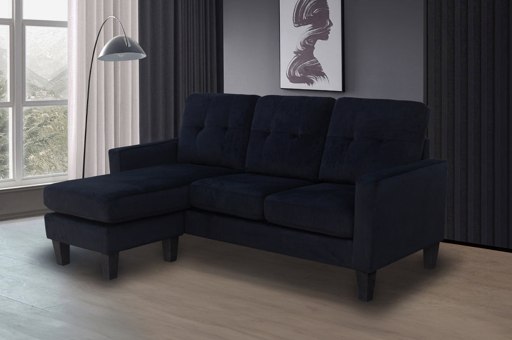 TUS-1228 Sectional Sofa, 71" Wide, Black Velvet fabric, Condo-Size