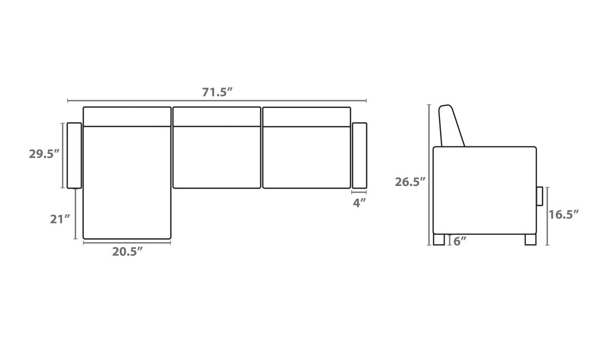 TUS-1228 Sectional Sofa, 71" Wide, Grey Linen Fabric, Condo-Size