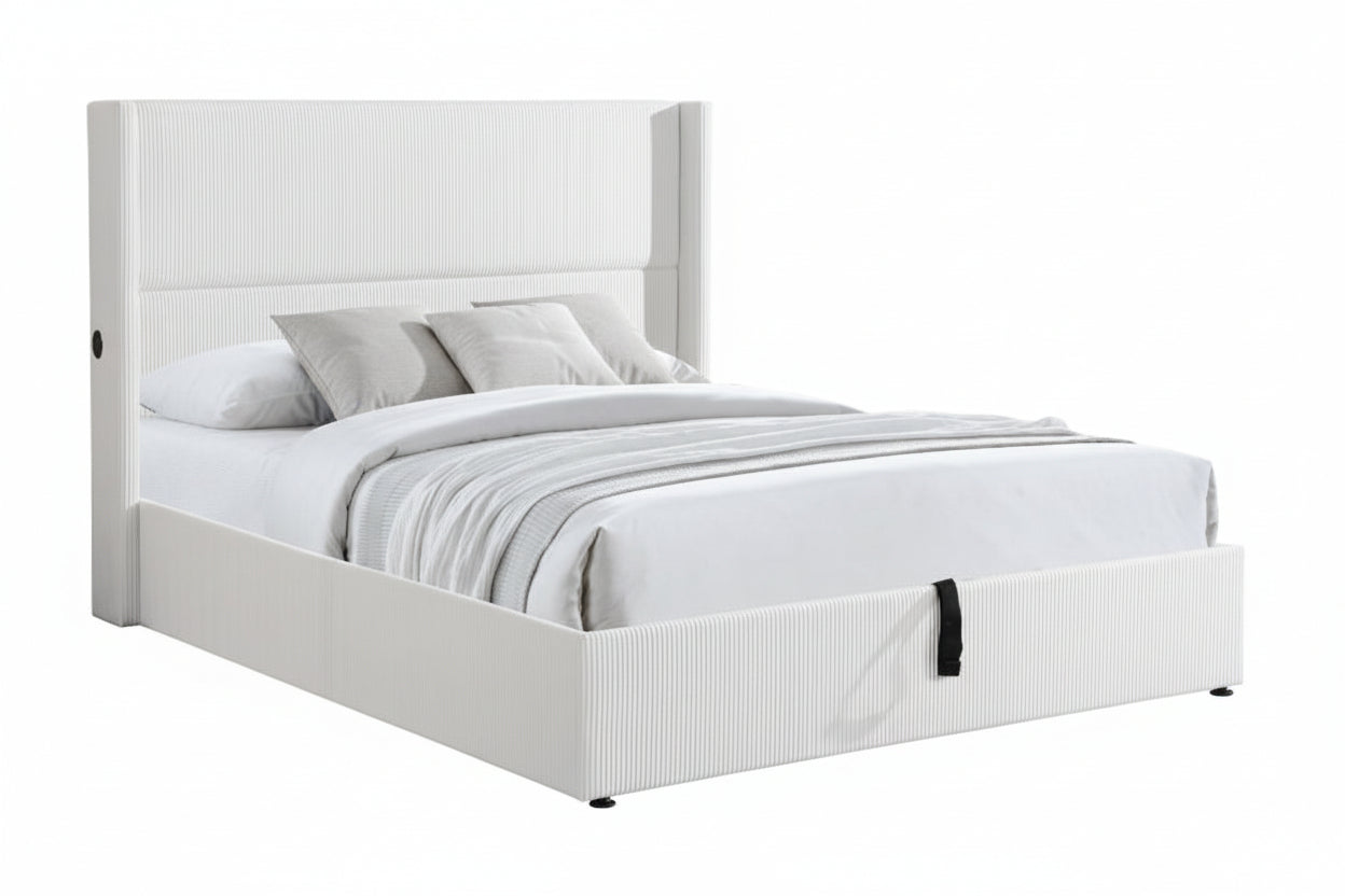 TUS-2164 Lift Bed, White, Corduroy, Velvet, Under Bed Storage, USB Charging Ports