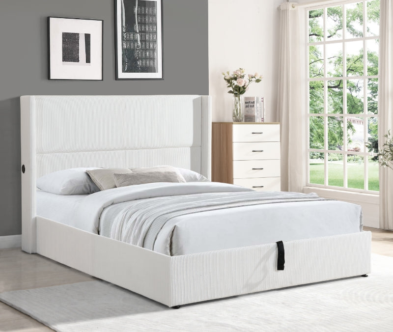 TUS-2164 Lift Bed, White, Corduroy, Velvet, Under Bed Storage, USB Charging Ports
