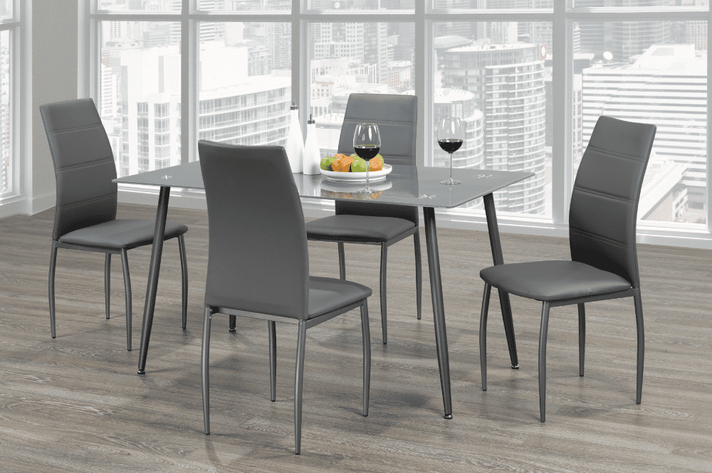 5Pc Dining Set - Grey Glass Table & Chairs - TUS-3600