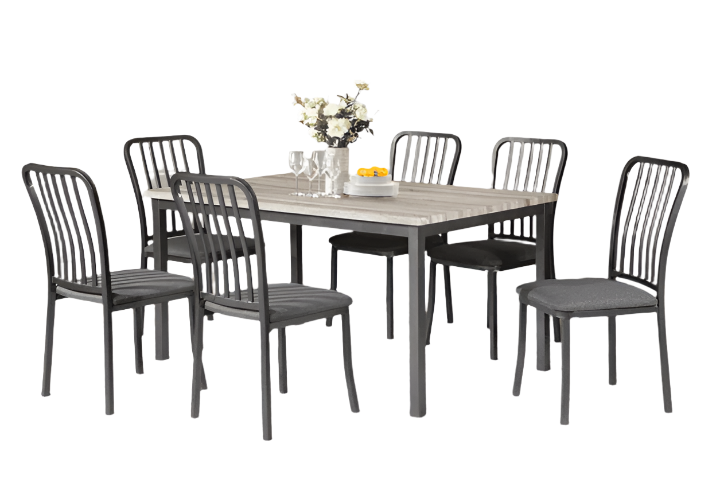 TUS 3722 Dining Set, 7Pc, 60" Light Grey Table & 6 Chairs