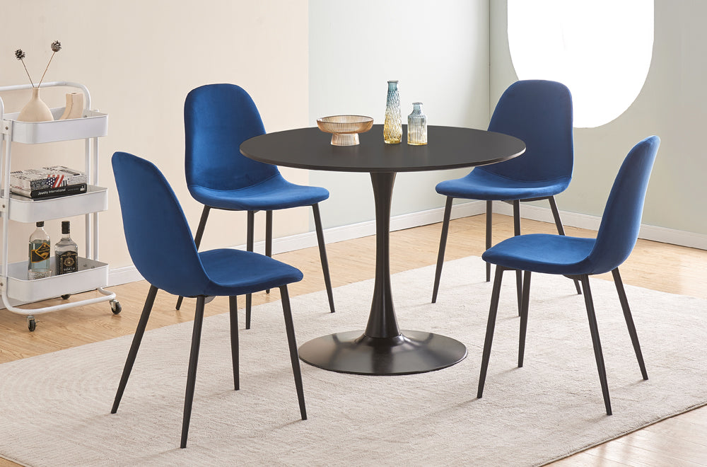5Pc Dining Set - 40" Black  Round Table + 4 Blue Velvet Chairs  TUS 3810B | 215GBL