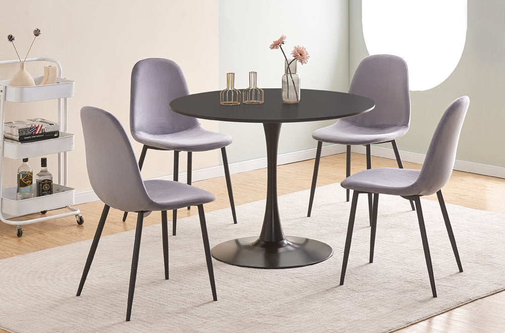 5Pc Dining Set - 40" Black Round Table + 4 Grey Velvet Chairs  TUS 3810B | 215GR