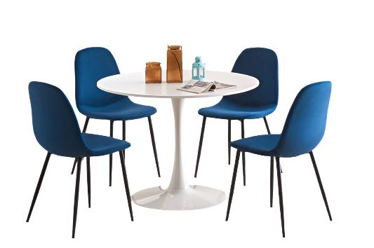 5Pc Dining Set - 40" White  Round Table + 4 Blue Velvet Chairs  TUS 3810W | 215BL