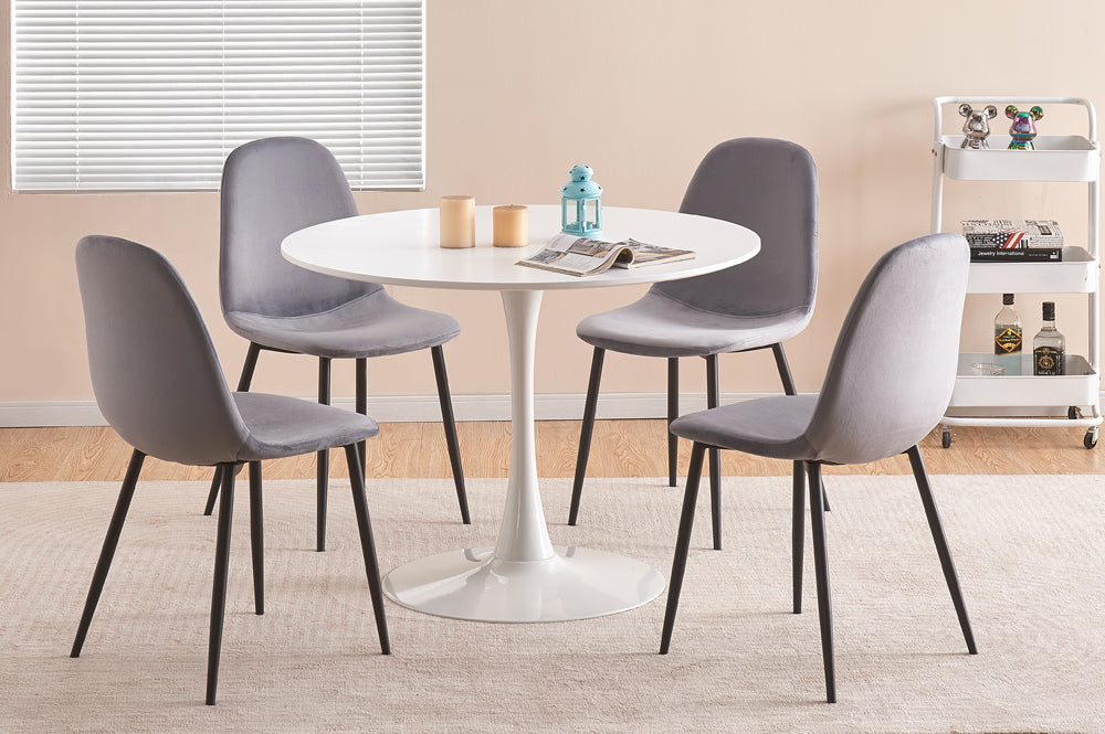 5Pc Dining Set - 40" White  Round Table + 4 Grey Velvet Chairs  TUS 3810W | 215GR
