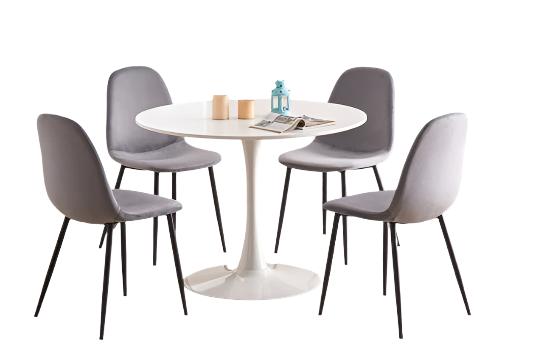 TUS-3810W | 215GR Dining Set, 5Pc, 40" Diameter, White, Round Table, 4 Grey Velvet Chairs