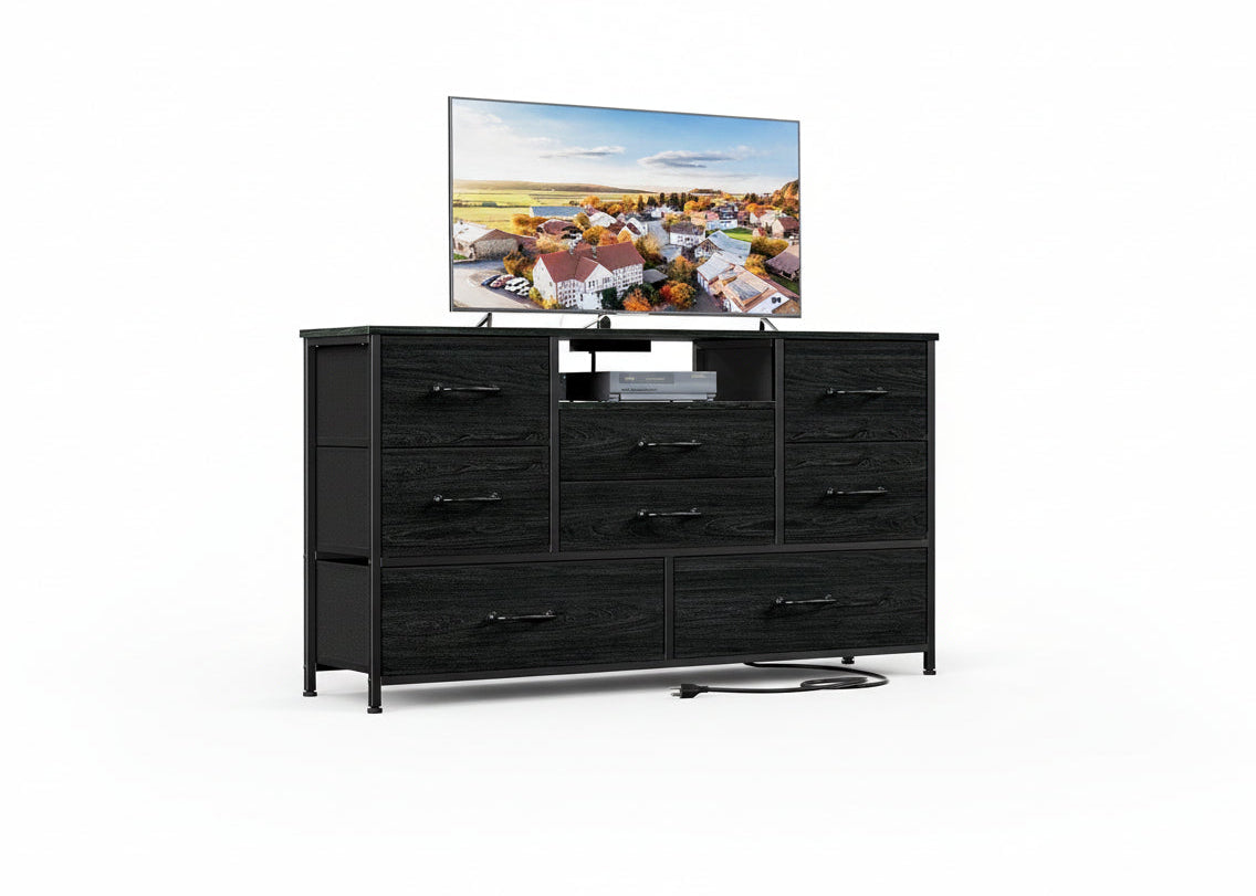 JL 8DRW Dresser, Black, 55" Wide, 8 Drawers, Wood Front Panels, Metal Frame, 3 Power Receptacles