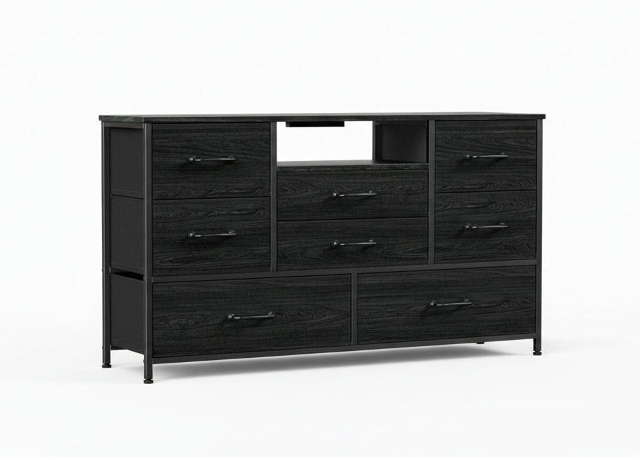 JL 8DRW Dresser, Black, 55" Wide, 8 Drawers, Wood Front Panels, Metal Frame, 3 Power Receptacles