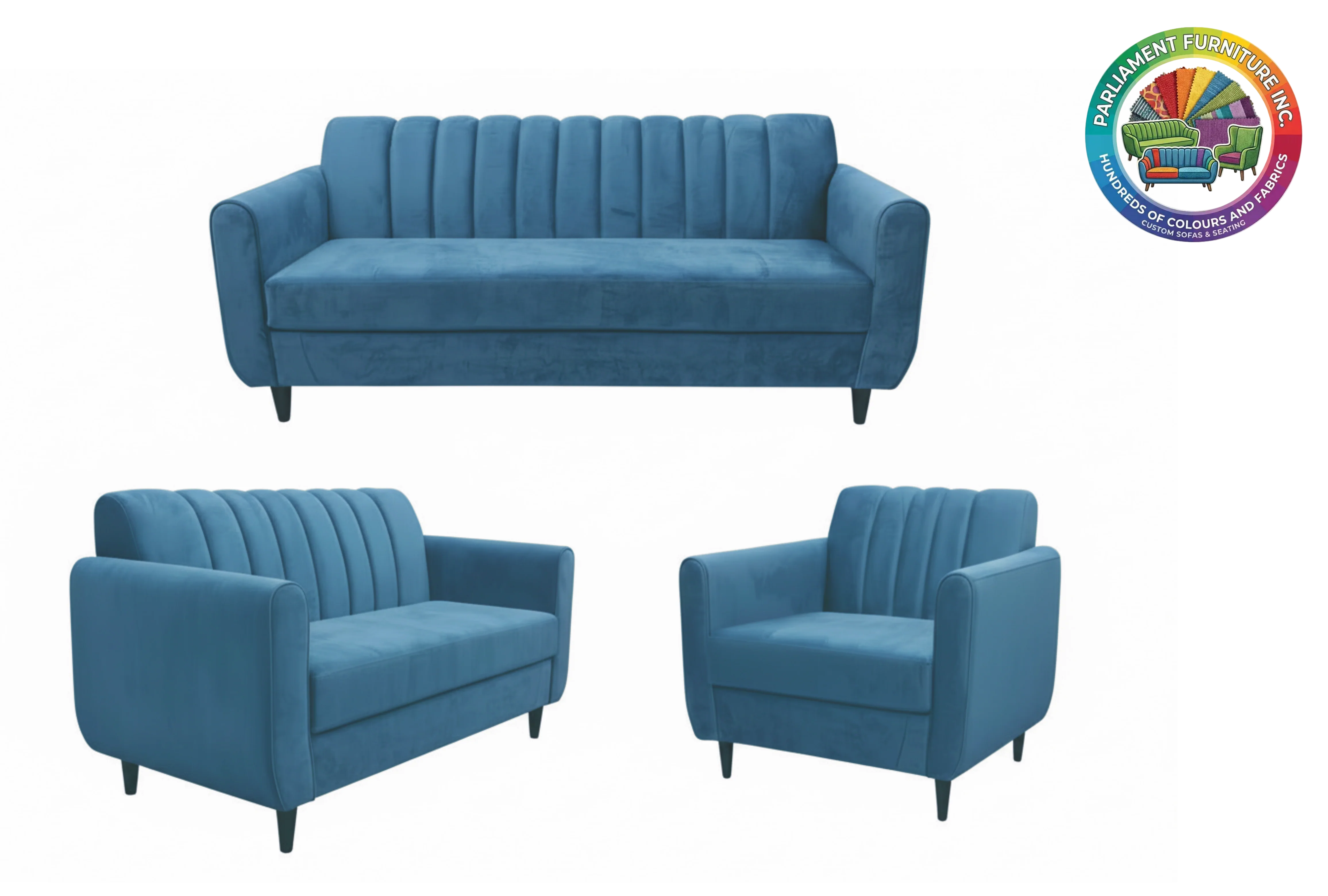 Badged - REL "Molly" Sofa Set, 3Pc, Many Fabric and Colour Choices, Vertical Tufted Back, Single Bench Seat