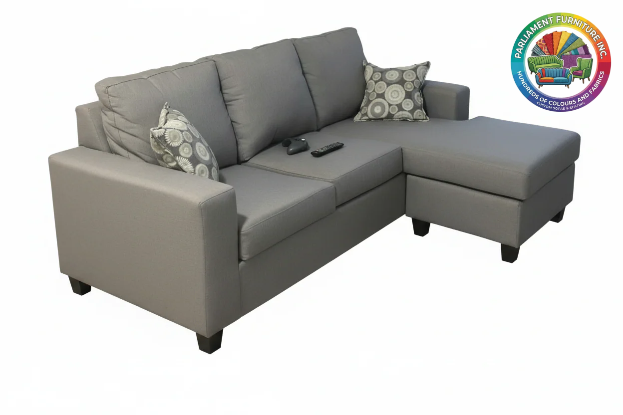 Badged - REL 606 Sectional, Many Colours and Fabrics, 80" (Small) or 100" (Large) Wide, Reversible Chaise, Canadian Made