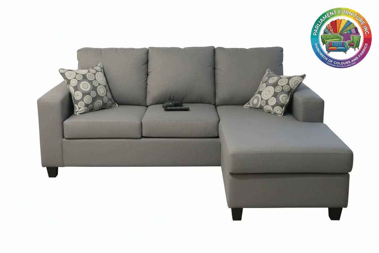 Badged - REL 606 Sectional, Many Colours and Fabrics, 80" (Small) or 100" (Large) Wide, Reversible Chaise, Canadian Made