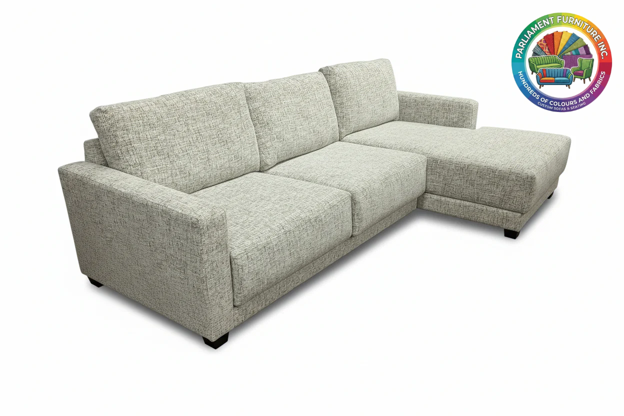 Badged - REL "EMMA" Sectional Sofa, 118" Wide, Many Colours and Fabrics, Reversible Chaise, Canadian Made
