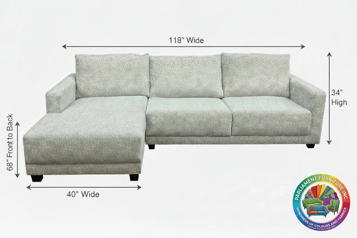 Badged - REL "EMMA" Sectional Sofa, 118" Wide, Many Colours and Fabrics, Reversible Chaise, Canadian Made