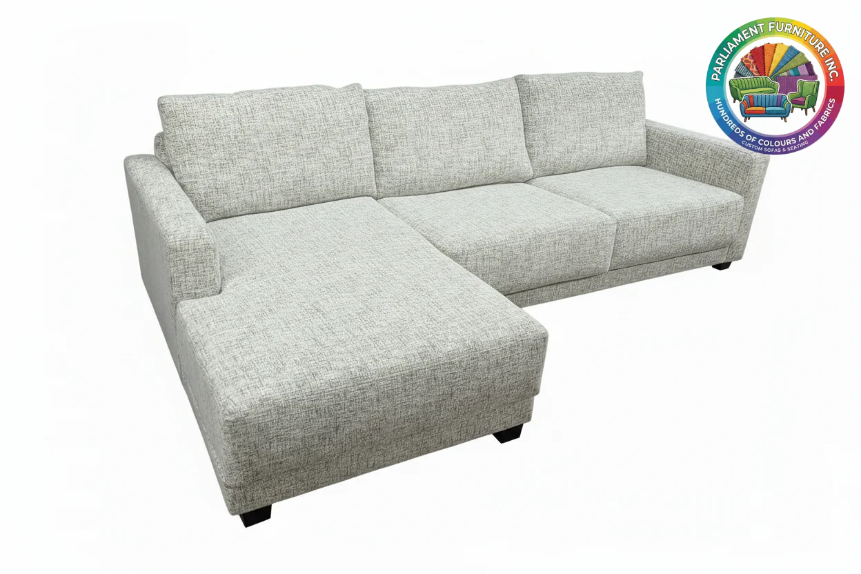 Badged - REL "EMMA" Sectional Sofa, 118" Wide, Many Colours and Fabrics, Reversible Chaise, Canadian Made