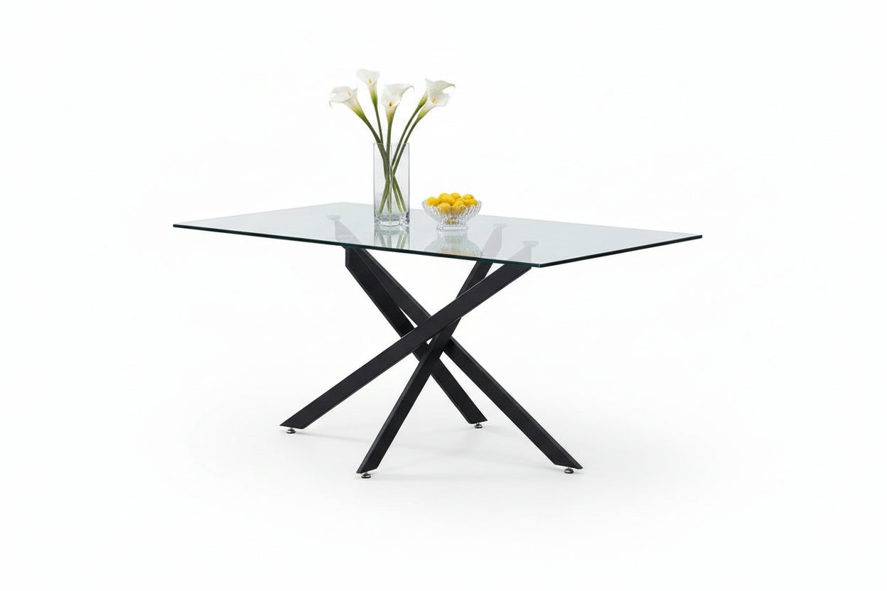 T-1443 Dining Table, 63" Long, Black Steel X-Shaped Table Legs, Clear Glass Top