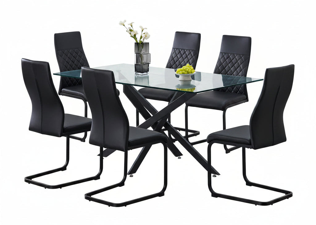 T-1443 Dining Table, 63" Long, Black Steel X-Shaped Table Legs, Clear Glass Top
