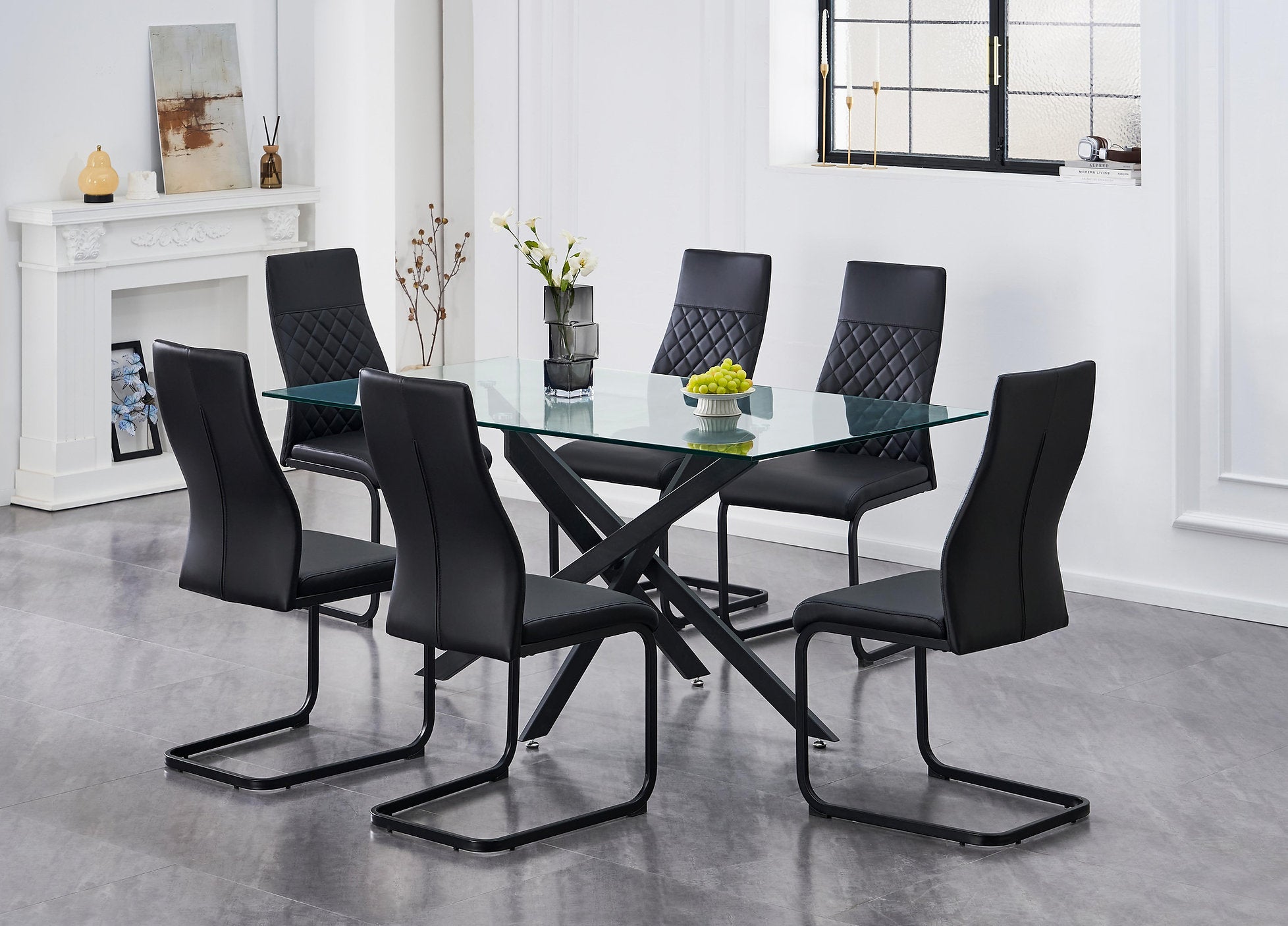 T-1443 | C-1578  Dining Set, 7 Pc, 63" Table + 6 Chairs, Black Steel X-Shaped Table Legs, Glass Top
