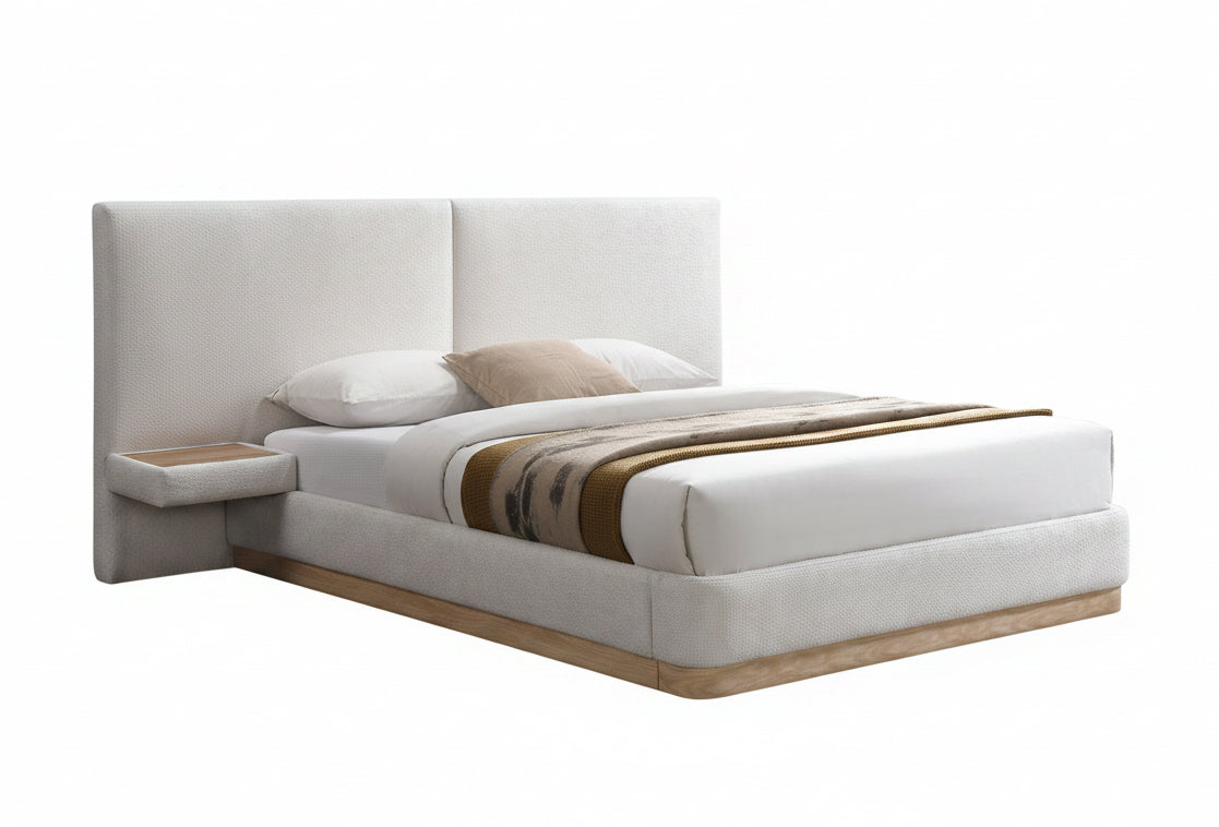 IF-5927 Bed, Tall Panel Headboard, Floating Night Stands, Ivory Fabric