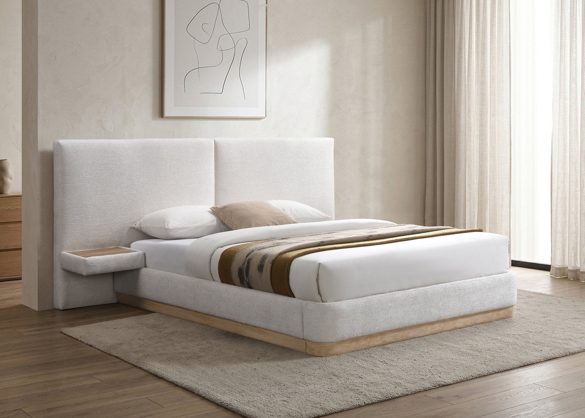IF-5927 Bed, Tall Panel Headboard, Floating Night Stands, Ivory Fabric