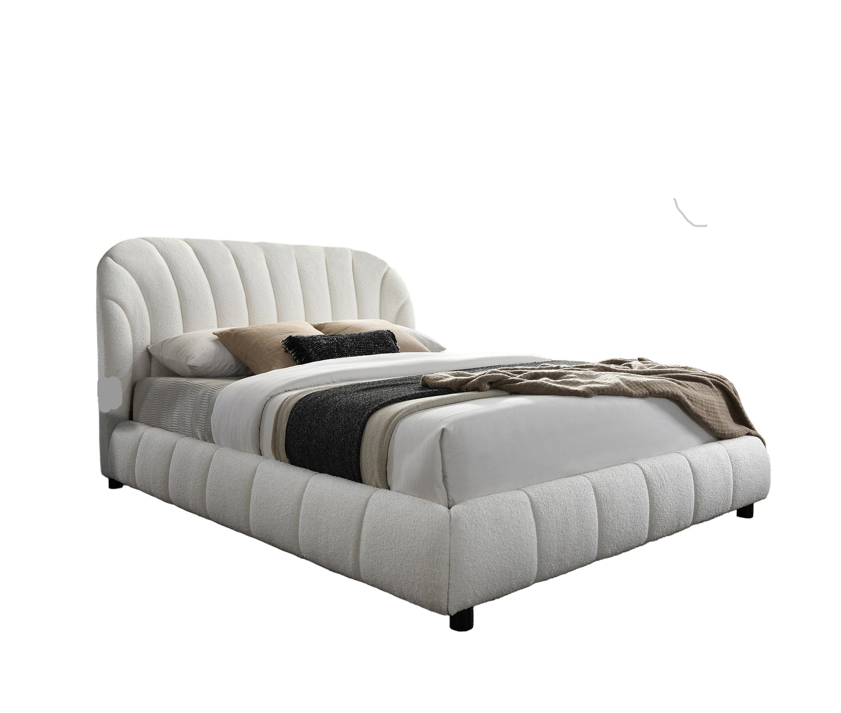 IF-5925 Bed, Creme, Beige, Boucle-Style Fabric for a Soft, Textured Feel, Elegant Arched Headboard