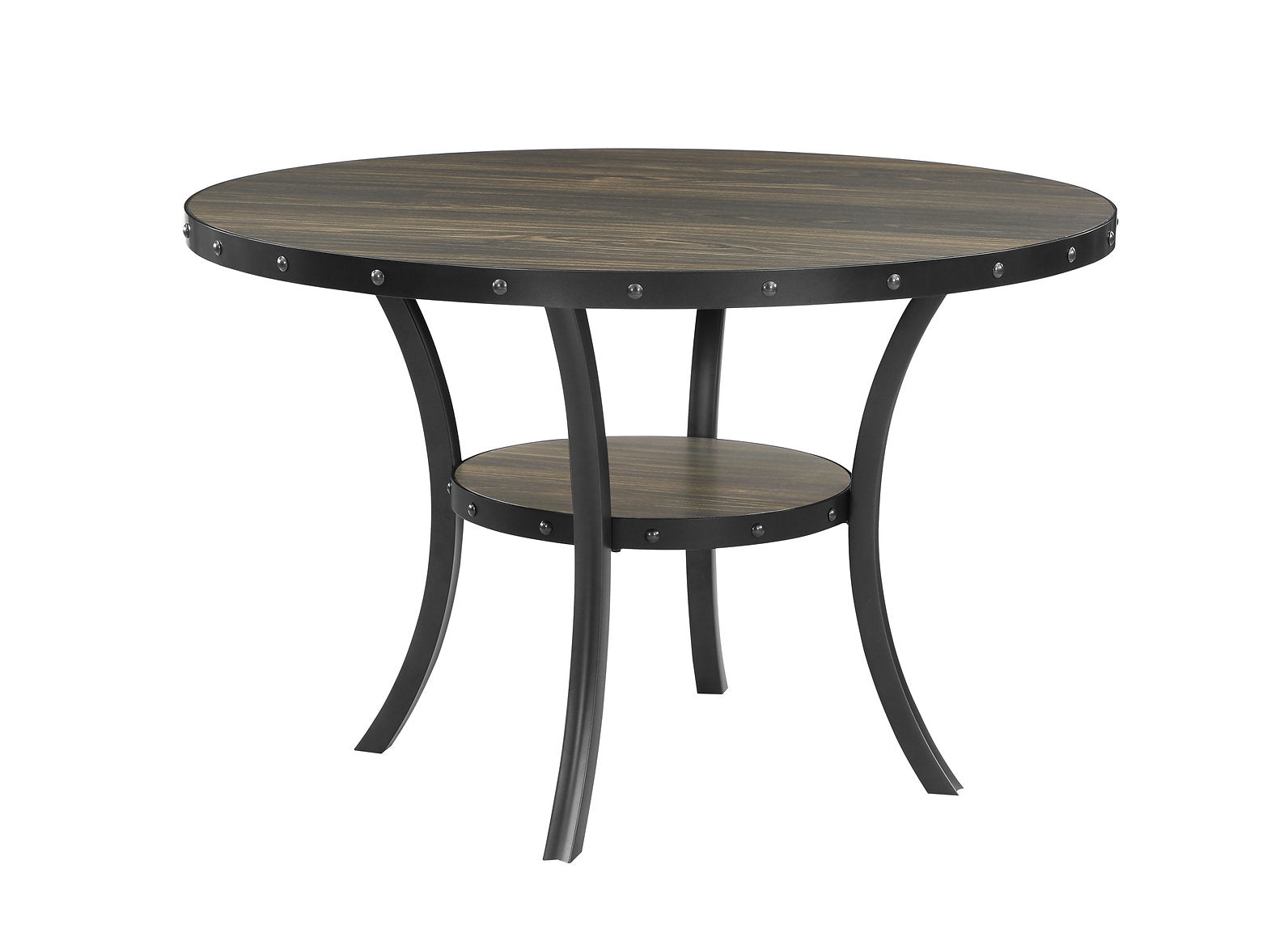 T-1610 Dining Table, 48" Round, Rustic Wood Finish, Storage Shelf