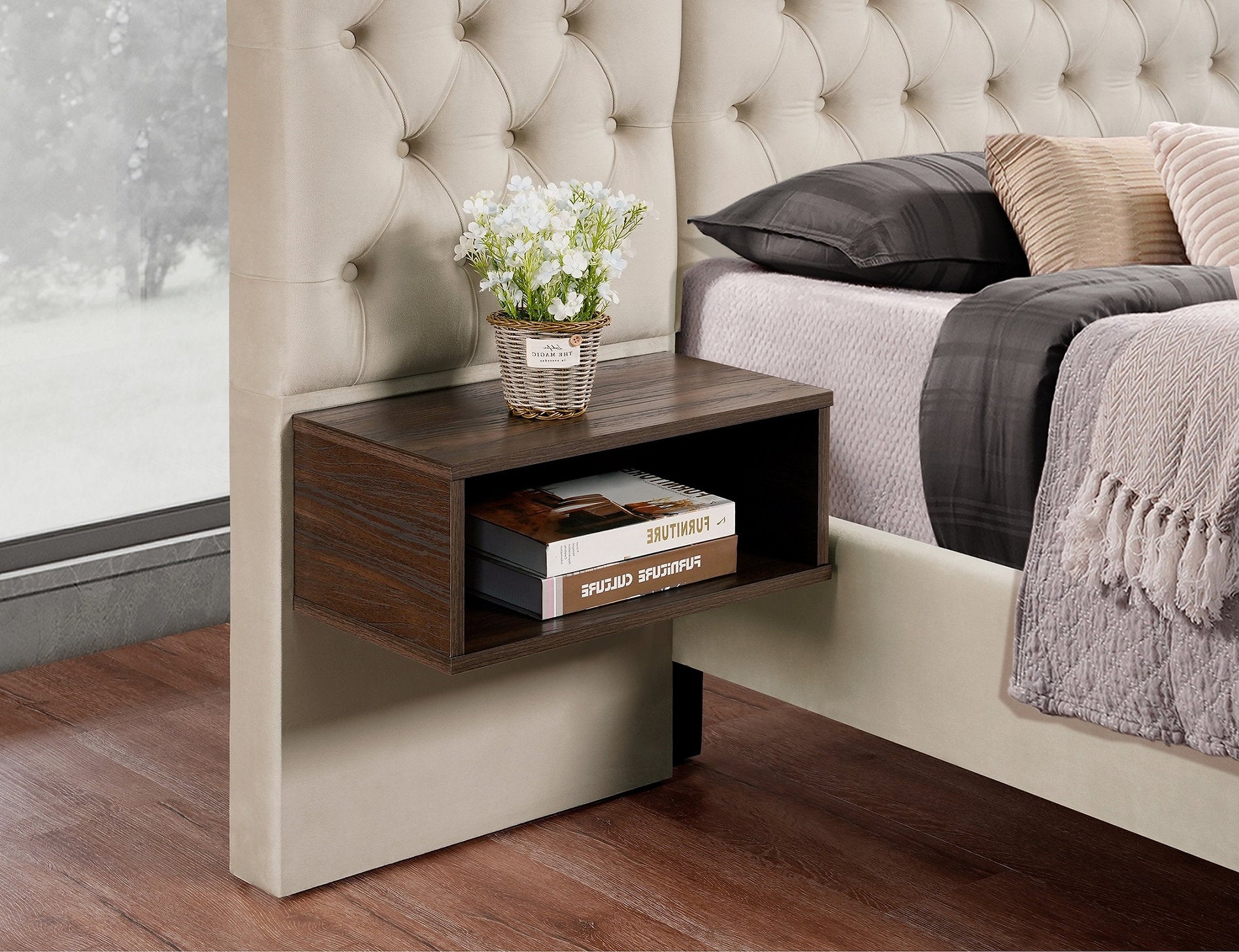 IF-5565 Bed, Beige, Velvet, Tufted Headboard, Brown Night Stands, Queen, King