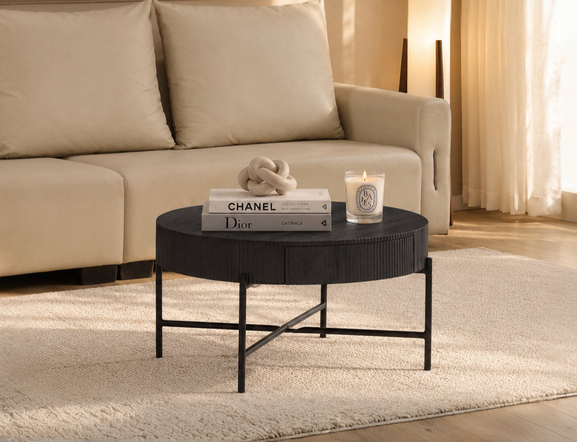 IF-3212 Coffee Table, 32" Round, Matte Black Finish with Vertical Ribbed Detailing