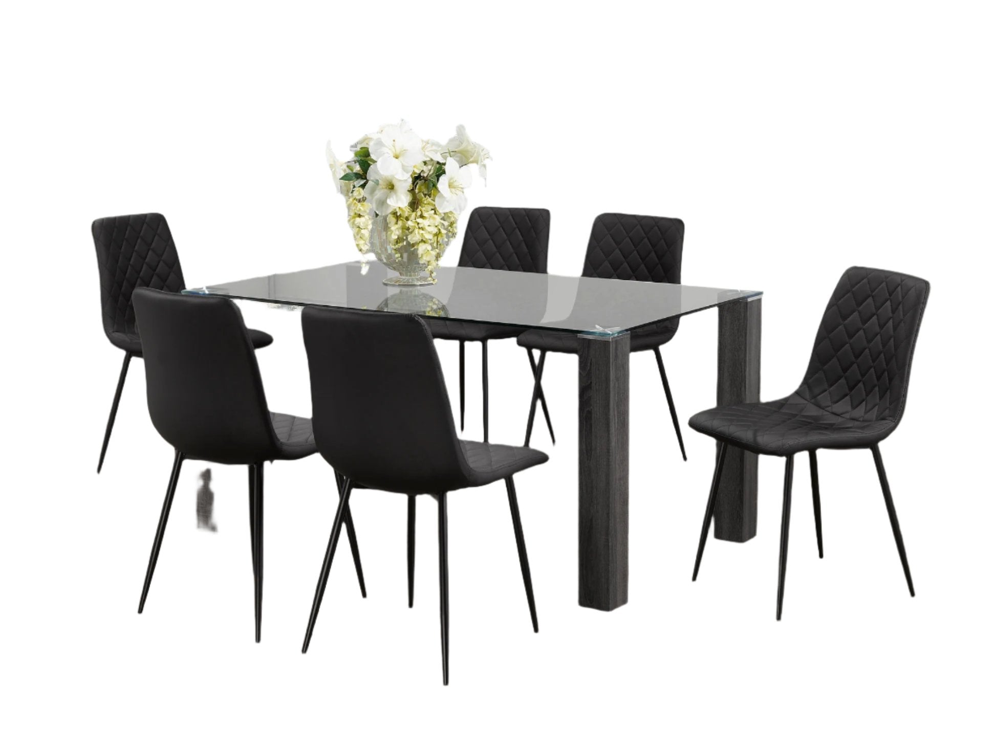 T-1449 | C-1710 - 5Pc or 7Pc Dining Set, 59" Glass Table, Black Chairs