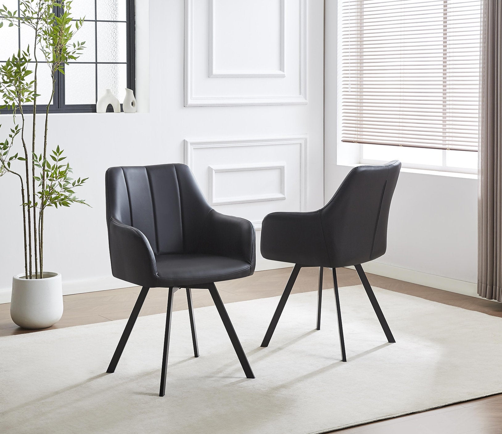T-1408 | C-1413 Dining Set, 5 Pc, 48" Round Wood Table, Pedestal Design, Hidden Door, Fluted Base, 4 Black Chairs