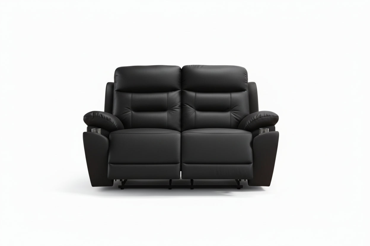 IF-8161 Power Recliner Loveseat, Black, Genuine Leather/Match, USB Charging, Hidden Cup Holders