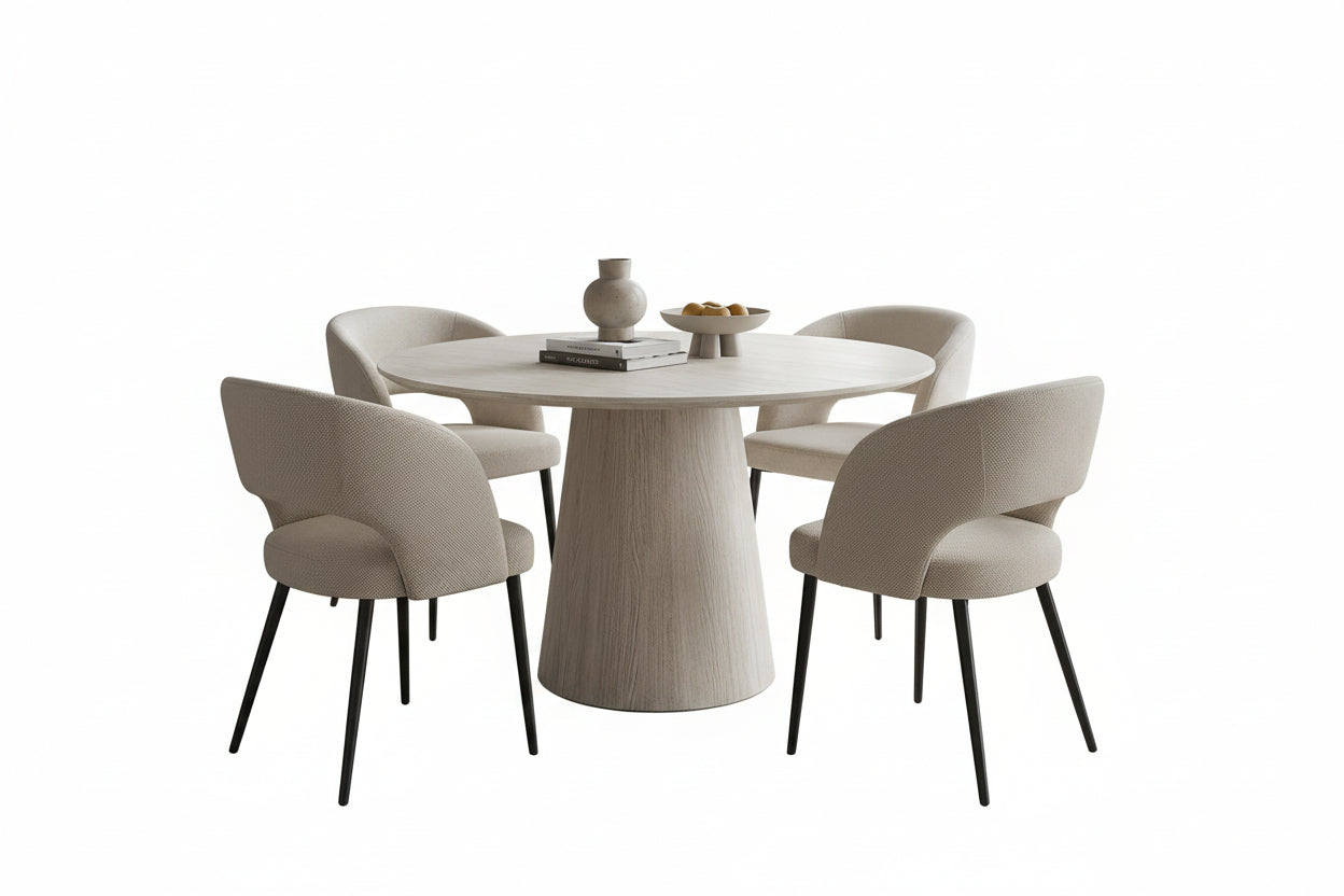 T-1640 Dining Table, Light Travertine Stone Top, 48" Round, Fluted Base