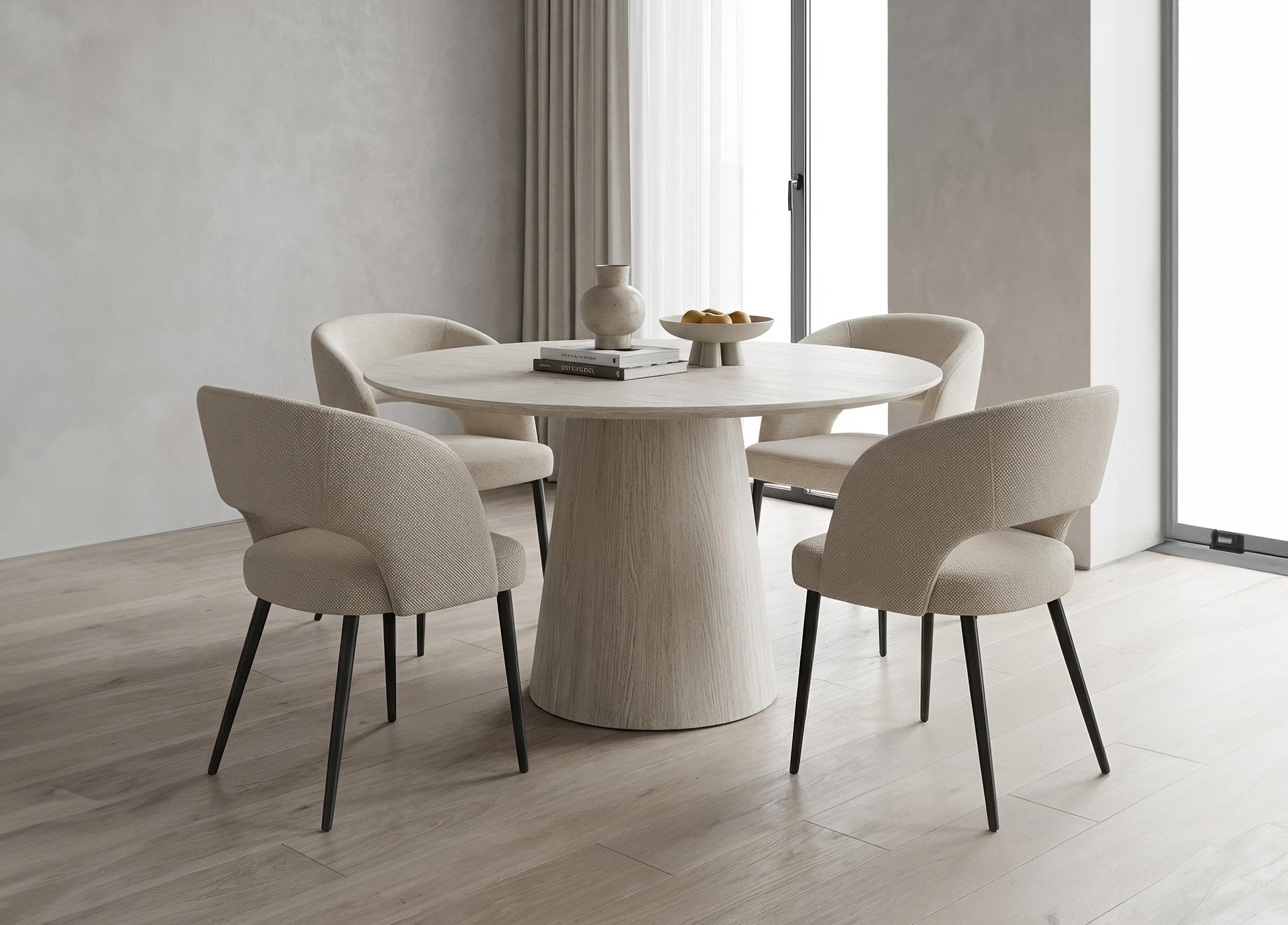 T-1640 | C-1644 Dining Set, 5Pc, Beige Chairs, 48" Light Travertine Round Table, Fluted Base
