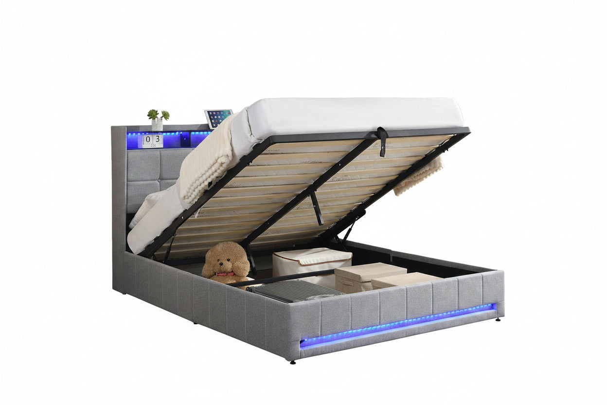 IF-5403 Lift Bed, Grey, Fabric, Button Tufting, Under Bed Storage, Hydraulic Lift for Easy Lifting, USB Charging, LED Accent Lighting, Remote Control