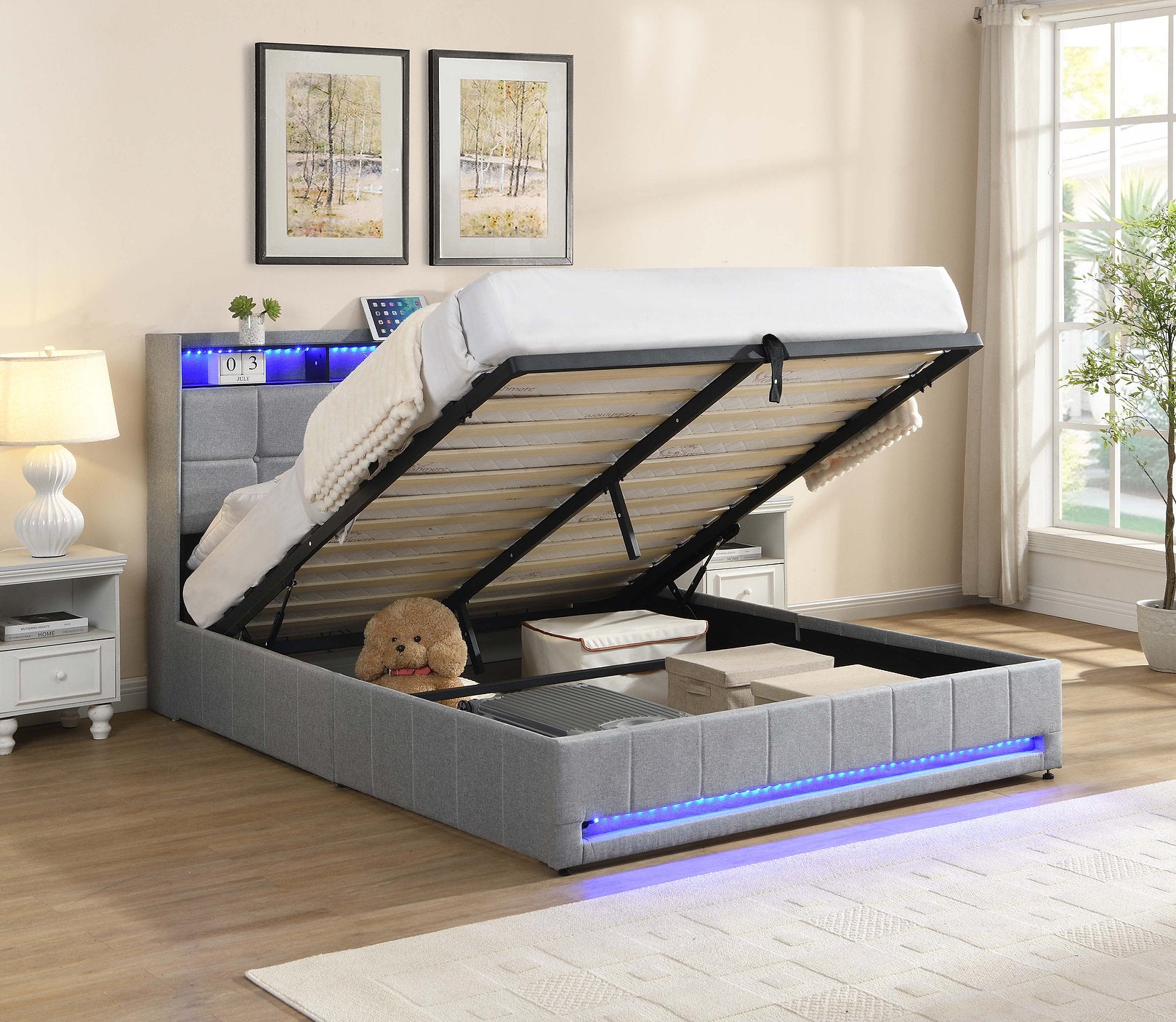 IF-5403 Lift Bed, Grey, Fabric, Button Tufting, Under Bed Storage, Hydraulic Lift for Easy Lifting, USB Charging, LED Accent Lighting, Remote Control